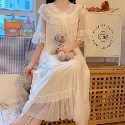 Cămașă de noapte pentru femeie, primăvară, vară, mâneci lungi, dantelă sexuală, cu decolteu în V, cămăși de noapte pentru femei, haine de acasă în stil prințesă