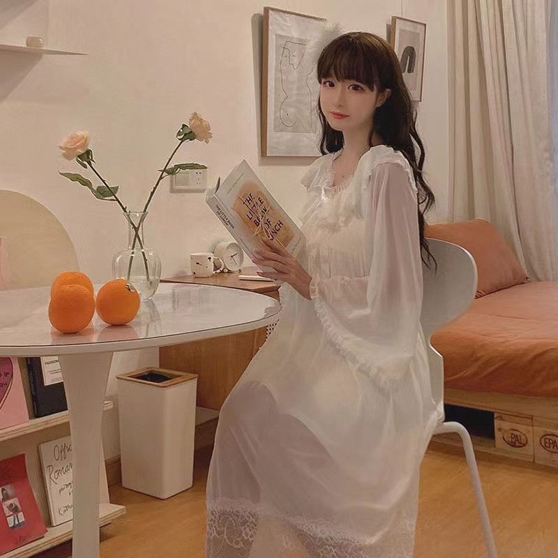 Cămașă de noapte pentru femeie, primăvară, vară, mâneci lungi, dantelă sexuală, cu decolteu în V, cămăși de noapte pentru femei, haine de acasă în stil prințesă