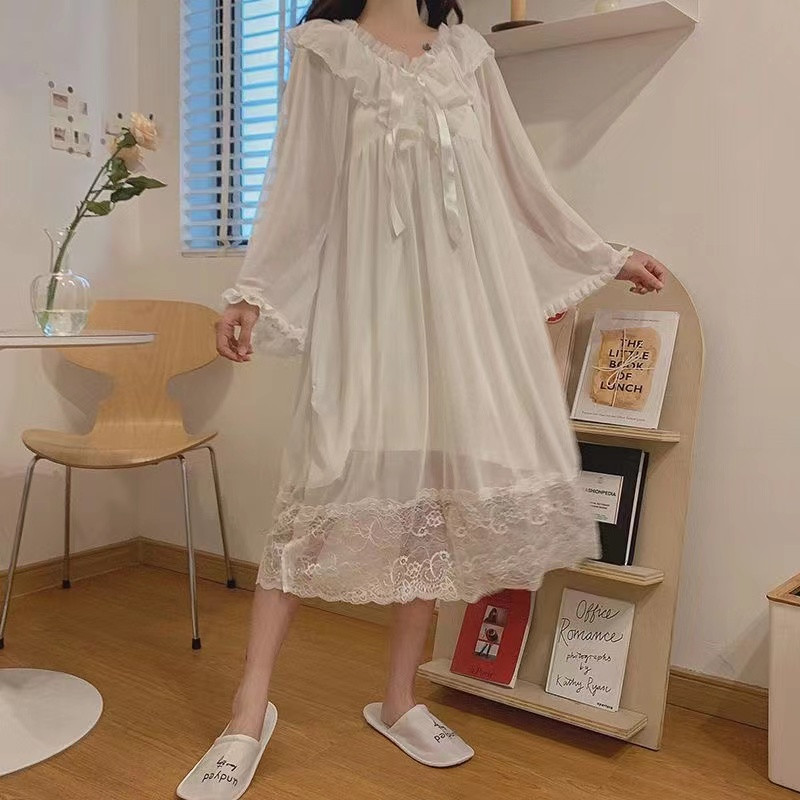 Cămașă de noapte pentru femeie, primăvară, vară, mâneci lungi, dantelă sexuală, cu decolteu în V, cămăși de noapte pentru femei, haine de acasă în stil prințesă