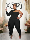 Σετ 2 τεμαχίων Γυναικεία ρούχα Κομψό μακρυμάνικο μπλουζάκι με έναν ώμο και παντελόνι με σέξι σετ γενεθλίων με φούντα