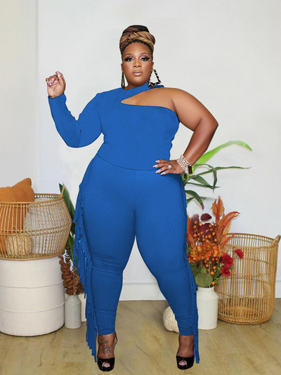 Σετ 2 τεμαχίων Γυναικεία ρούχα Κομψό μακρυμάνικο μπλουζάκι με έναν ώμο και παντελόνι με σέξι σετ γενεθλίων με φούντα