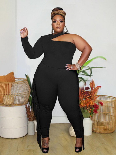 Σετ 2 τεμαχίων Γυναικεία ρούχα Κομψό μακρυμάνικο μπλουζάκι με έναν ώμο και παντελόνι με σέξι σετ γενεθλίων με φούντα