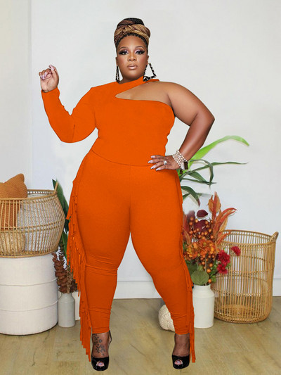 Σετ 2 τεμαχίων Γυναικεία ρούχα Κομψό μακρυμάνικο μπλουζάκι με έναν ώμο και παντελόνι με σέξι σετ γενεθλίων με φούντα