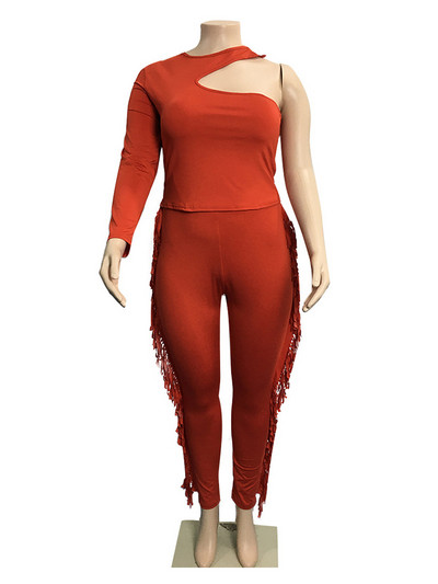 Σετ 2 τεμαχίων Γυναικεία ρούχα Κομψό μακρυμάνικο μπλουζάκι με έναν ώμο και παντελόνι με σέξι σετ γενεθλίων με φούντα