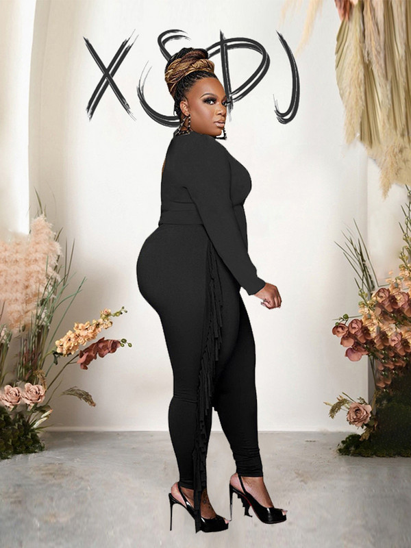 Σετ 2 τεμαχίων Γυναικεία ρούχα Κομψό μακρυμάνικο μπλουζάκι με έναν ώμο και παντελόνι με σέξι σετ γενεθλίων με φούντα