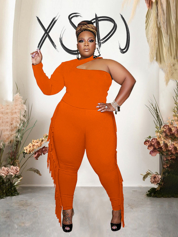 Σετ 2 τεμαχίων Γυναικεία ρούχα Κομψό μακρυμάνικο μπλουζάκι με έναν ώμο και παντελόνι με σέξι σετ γενεθλίων με φούντα