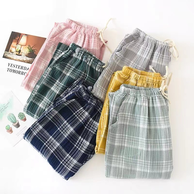 Naiste ruuduline pidžaamapüksid, uued naiste kevad/suvised 100% puuvillased krepppüksid vabaaja magamispüksid naiste salongis kodukandmine