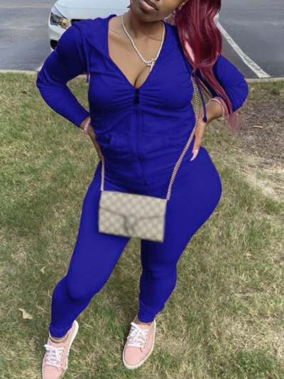 LW Plus Size vabaaja kapuutsiga krae Kangaroo Taskuga spordidressid Tõmblukuga Disain Pikad varrukad Solid Kaheosaline Pükste Komplekt