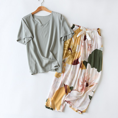 Kevad/suvi Uus 100% viskoosist pidžaamad naiste lühikeste varrukatega püksid Ööriided Ümarkaelusega pidžaamad Kaheosalised koduriided ööriided