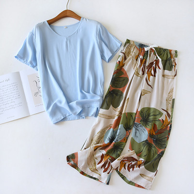 Kevad/suvi Uus 100% viskoosist pidžaamad naiste lühikeste varrukatega püksid Ööriided Ümarkaelusega pidžaamad Kaheosalised koduriided ööriided