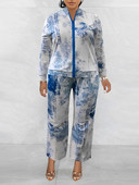 LW Plus Size naiste sügis vabaaja segatrükiga pikkade varrukatega mandariinivärvi krae lips, nööriga laia sääre pükste komplekt