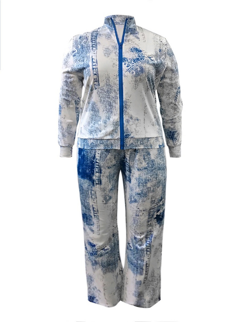 LW Plus Size naiste sügis vabaaja segatrükiga pikkade varrukatega mandariinivärvi krae lips, nööriga laia sääre pükste komplekt