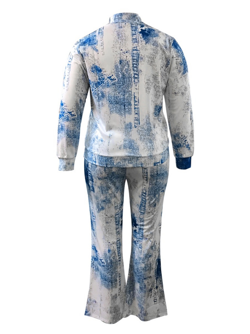 LW Plus Size naiste sügis vabaaja segatrükiga pikkade varrukatega mandariinivärvi krae lips, nööriga laia sääre pükste komplekt