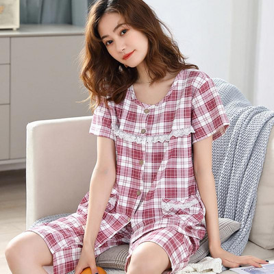 SUO&CHAO suvine uus pidžaamakomplekt naistele magamisriided Lühikeste varrukatega Ümarkaelusega Topid Capri Püksid Pidžaamad Pidžaamad Magamisriided Koduriided