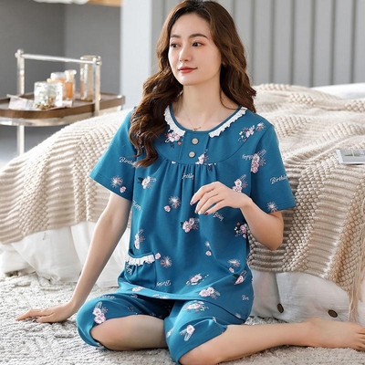 SUO&CHAO suvine uus pidžaamakomplekt naistele magamisriided Lühikeste varrukatega Ümarkaelusega Topid Capri Püksid Pidžaamad Pidžaamad Magamisriided Koduriided