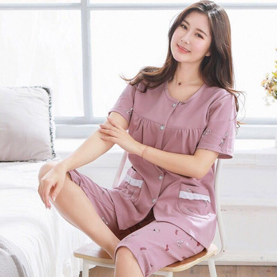 SUO&CHAO suvine uus pidžaamakomplekt naistele magamisriided Lühikeste varrukatega Ümarkaelusega Topid Capri Püksid Pidžaamad Pidžaamad Magamisriided Koduriided