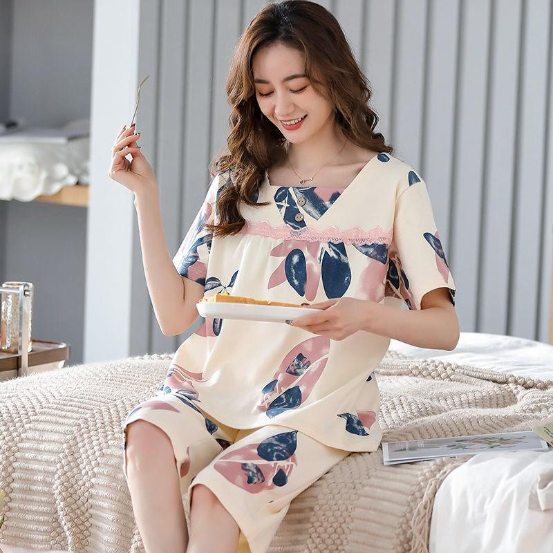 SUO&CHAO suvine uus pidžaamakomplekt naistele magamisriided Lühikeste varrukatega Ümarkaelusega Topid Capri Püksid Pidžaamad Pidžaamad Magamisriided Koduriided