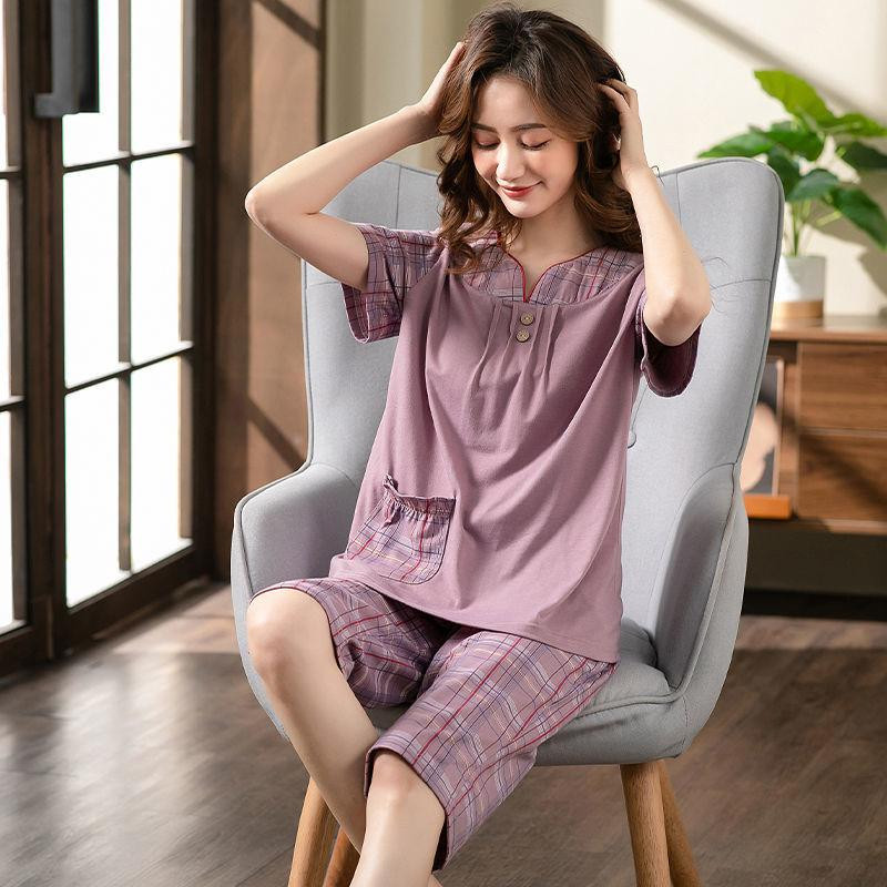 SUO&CHAO suvine uus pidžaamakomplekt naistele magamisriided Lühikeste varrukatega Ümarkaelusega Topid Capri Püksid Pidžaamad Pidžaamad Magamisriided Koduriided