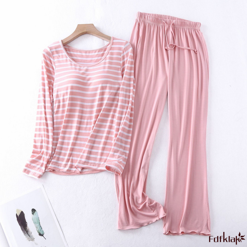 Fdfklak Modal Triibuline koduteenindusülikond kevad-sügis, uus naiste ööbik rinnapadjaga 2-osalised salongikomplektid naistele XXL