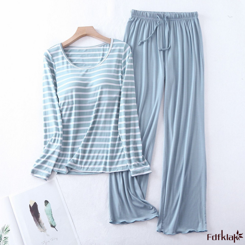 Fdfklak Modal Triibuline koduteenindusülikond kevad-sügis, uus naiste ööbik rinnapadjaga 2-osalised salongikomplektid naistele XXL