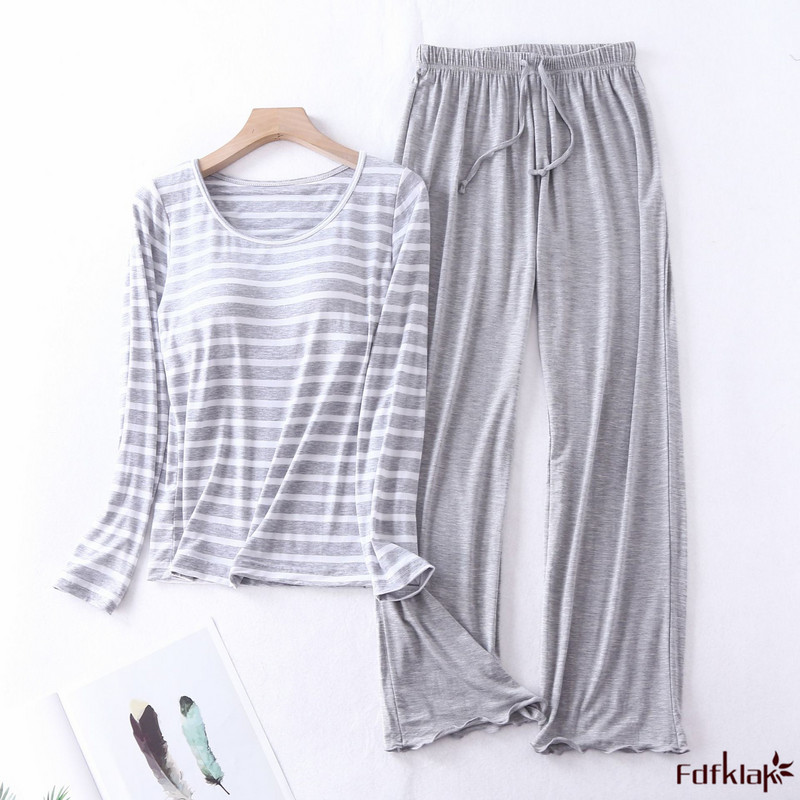 Fdfklak Modal Triibuline koduteenindusülikond kevad-sügis, uus naiste ööbik rinnapadjaga 2-osalised salongikomplektid naistele XXL