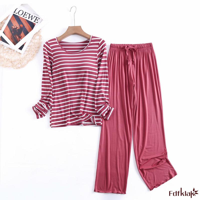 Fdfklak Modal Triibuline koduteenindusülikond kevad-sügis, uus naiste ööbik rinnapadjaga 2-osalised salongikomplektid naistele XXL