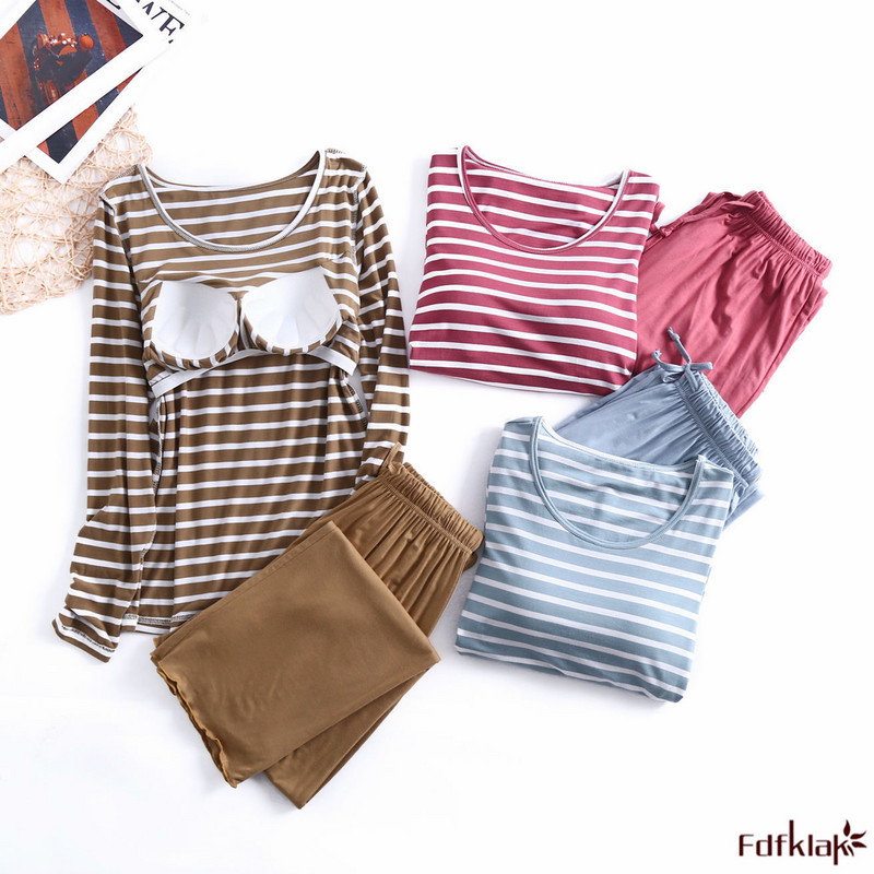 Fdfklak Modal Triibuline koduteenindusülikond kevad-sügis, uus naiste ööbik rinnapadjaga 2-osalised salongikomplektid naistele XXL