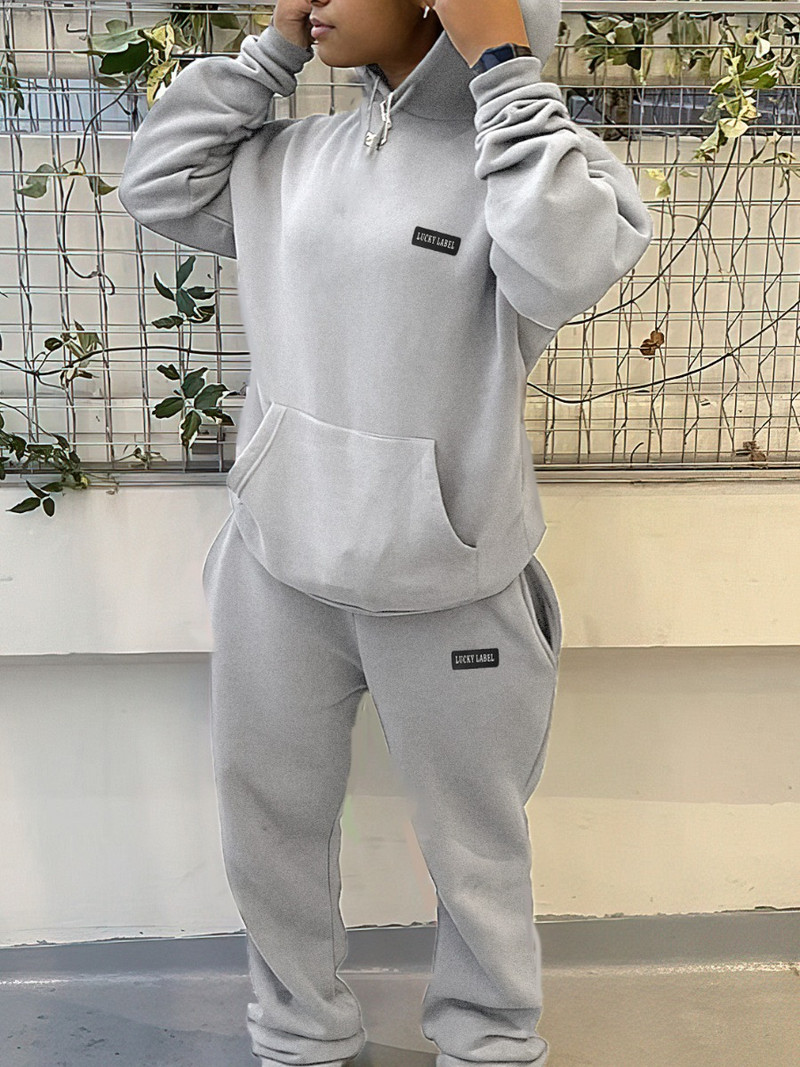 LW Set de trening cu buzunar cu imprimeu cu litere de marime Plus Trening casual dama Ținute din două piese Set pantaloni cu glugă Top Trening Jogger