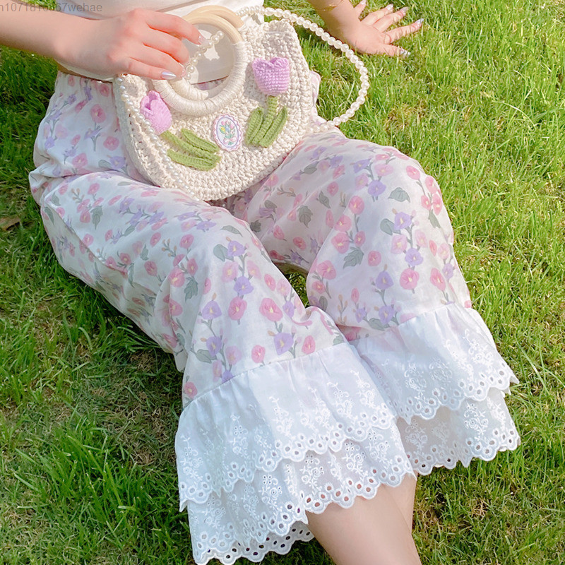 2023 Noua vară din dantelă florală Capris femei pantaloni de dormit anii 90 largi oversize pijamale pantaloni cu talie elastică pantaloni Sweet Home