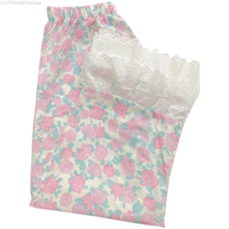 2023 Noua vară din dantelă florală Capris femei pantaloni de dormit anii 90 largi oversize pijamale pantaloni cu talie elastică pantaloni Sweet Home