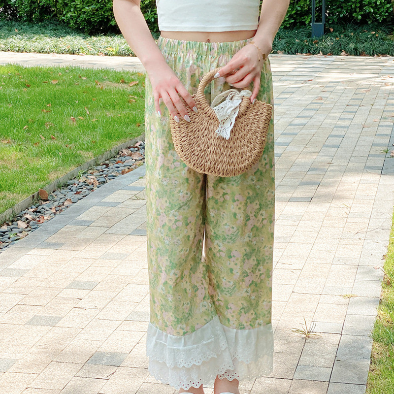 2023 Noua vară din dantelă florală Capris femei pantaloni de dormit anii 90 largi oversize pijamale pantaloni cu talie elastică pantaloni Sweet Home