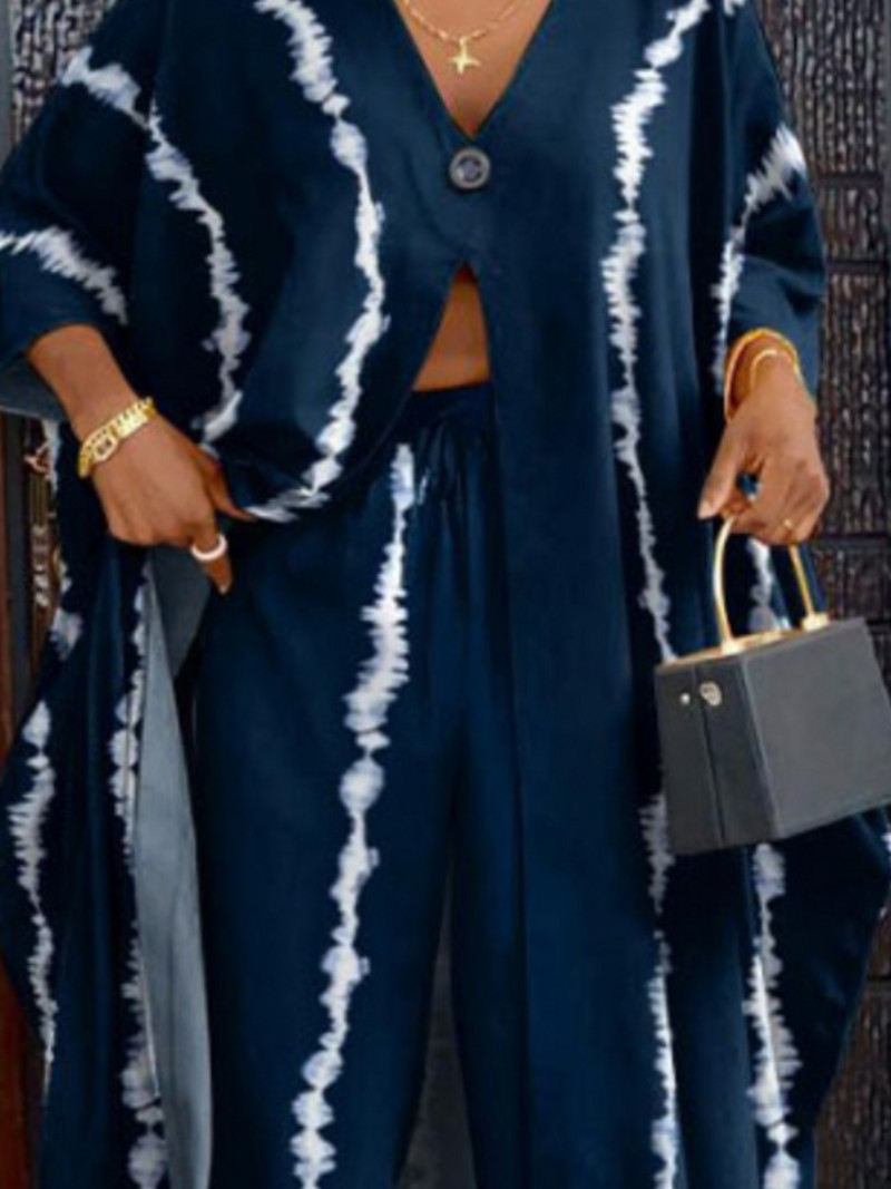 LW Plus Size naiste komplekt V Neck Tie Dye nööriga püksikomplekt Sügis UUS pikk pealismantel ja vabad pükste komplekt vabaaja Elegantne 2tk komplekt