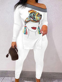 LW nagyobb méretű, betűvel nyomtatott csíkos nadrág szett egy váll hosszú ujjú szexi női öltöny őszi 2 kétrészes szett Streetwear tréningruha