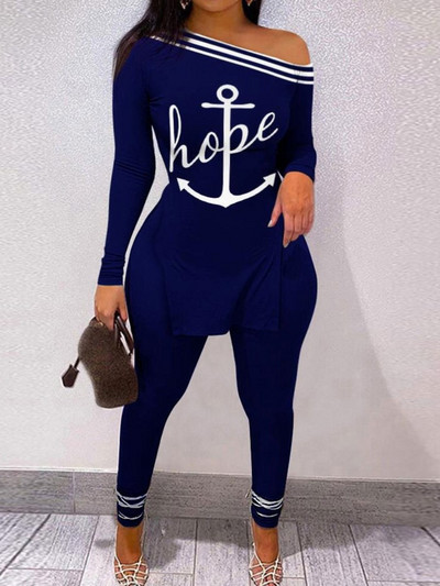 LW nagyobb méretű, betűvel nyomtatott csíkos nadrág szett egy váll hosszú ujjú szexi női öltöny őszi 2 kétrészes szett Streetwear tréningruha