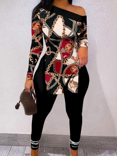 LW nagyobb méretű, betűvel nyomtatott csíkos nadrág szett egy váll hosszú ujjú szexi női öltöny őszi 2 kétrészes szett Streetwear tréningruha