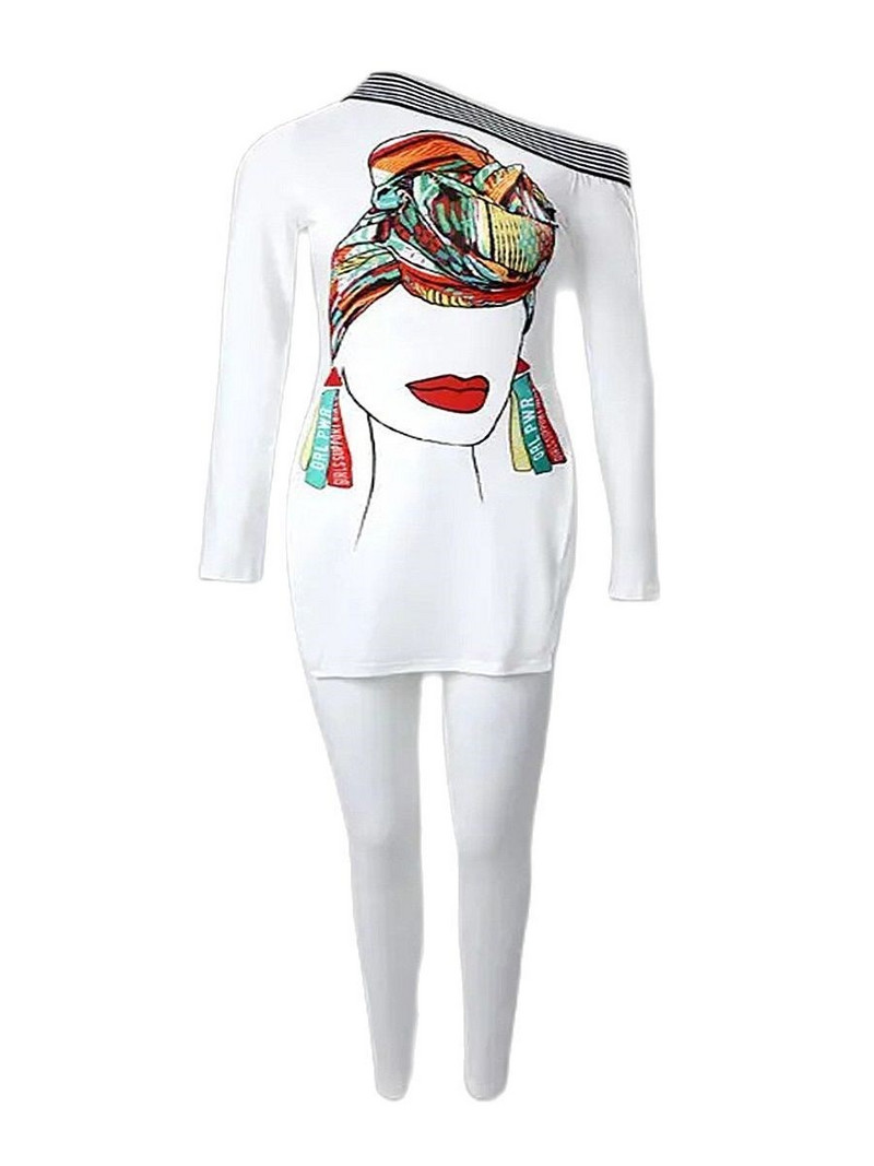 LW nagyobb méretű, betűvel nyomtatott csíkos nadrág szett egy váll hosszú ujjú szexi női öltöny őszi 2 kétrészes szett Streetwear tréningruha