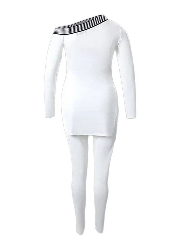 LW nagyobb méretű, betűvel nyomtatott csíkos nadrág szett egy váll hosszú ujjú szexi női öltöny őszi 2 kétrészes szett Streetwear tréningruha