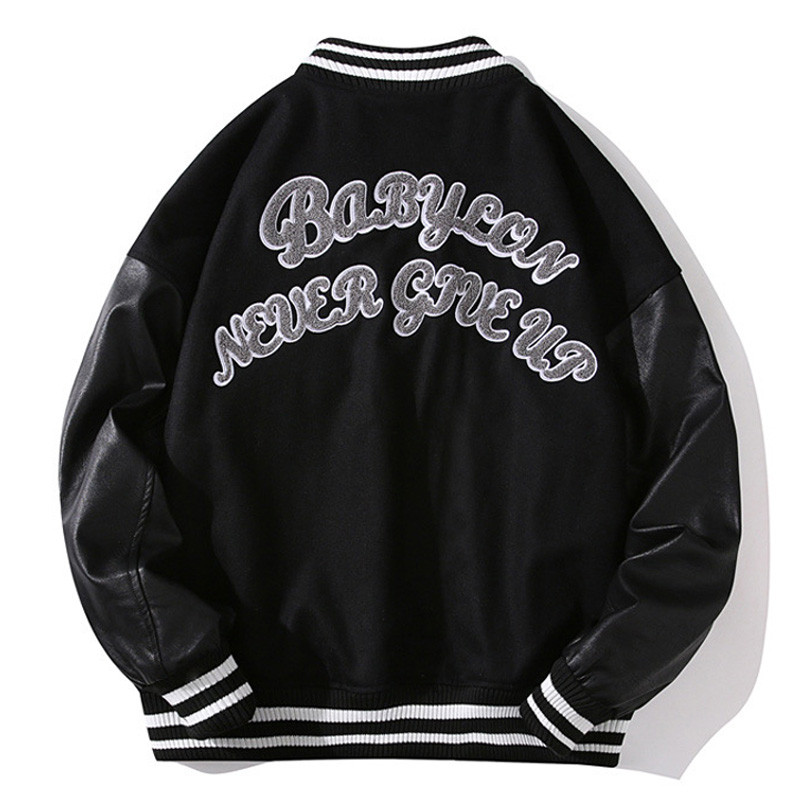 Kevad sügisõmblused nahast varrukatega Bomber jope, tikitud must pesapallivorm, meeste naiste paari vabaaja tänavarõivad