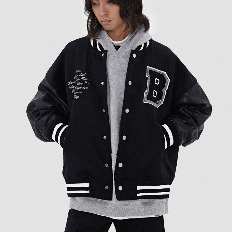 Kevad sügisõmblused nahast varrukatega Bomber jope, tikitud must pesapallivorm, meeste naiste paari vabaaja tänavarõivad