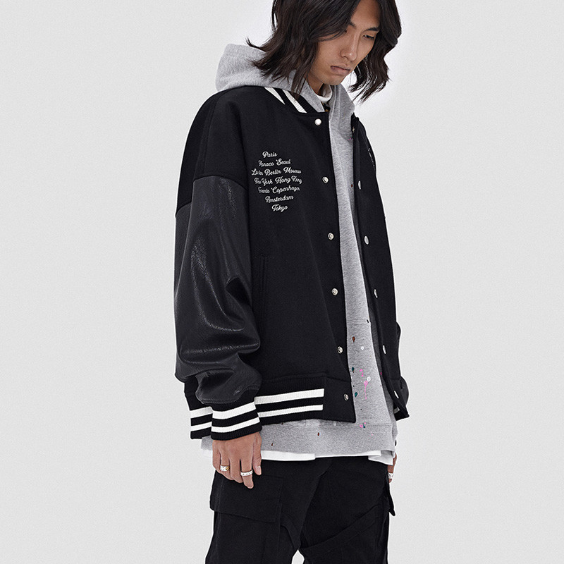 Kevad sügisõmblused nahast varrukatega Bomber jope, tikitud must pesapallivorm, meeste naiste paari vabaaja tänavarõivad