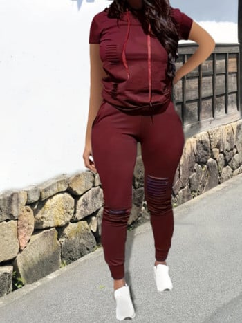 LW Γυναικεία Plus Size Φθινόπωρο & Χειμώνας Casual Daily Wine Red Hooded γιακά Σετ δύο τεμαχίων ελαστικό παντελόνι αθλητικής φόρμας