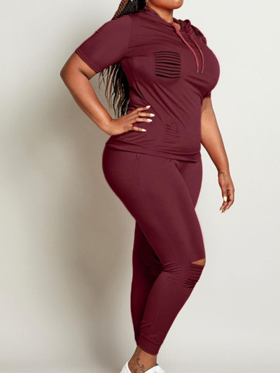 LW naiste suures suuruses sügis- ja talvine vabaaja igapäevane vein, punase kapuutsiga krae, kaheosaline veniv pükste dressikomplekt