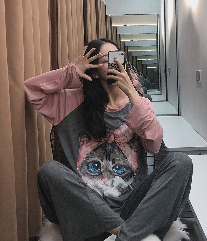 Pizsama készletek nőknek Rajzfilm nyomtatott hosszú ujjú O-nyakú koreai stílusú Kényelmes Elegáns Szabadidő Hálóruha Puha Édes Női Szett