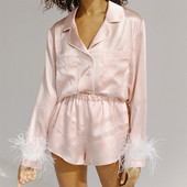 Set de pijamale pentru femei Pijamale din blană Satin de mătase Lenjerie de noapte 2023 Primăvara vară Costum de pijama cu pene Îmbrăcăminte de acasă solidă pentru femei