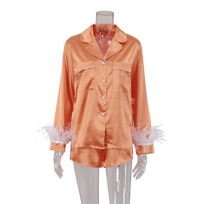 Set de pijamale pentru femei Pijamale din blană Satin de mătase Lenjerie de noapte 2023 Primăvara vară Costum de pijama cu pene Îmbrăcăminte de acasă solidă pentru femei