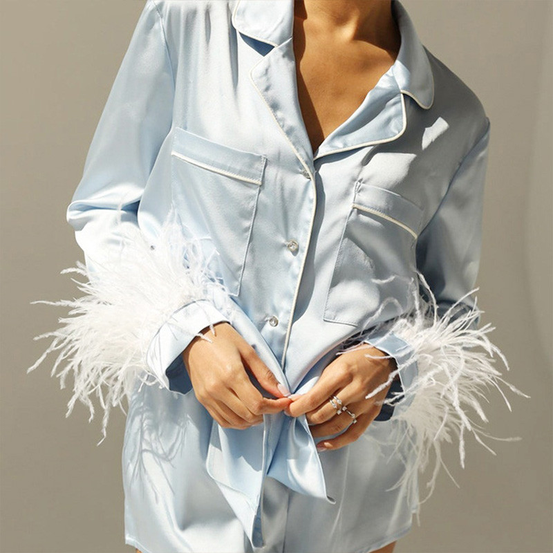 Set de pijamale pentru femei Pijamale din blană Satin de mătase Lenjerie de noapte 2023 Primăvara vară Costum de pijama cu pene Îmbrăcăminte de acasă solidă pentru femei