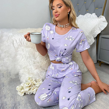 Φθινοπωρινά Νέα Γυναικεία Sleepwear Σετ Πυτζάμες Επιστολή στάμπα κοντό μανίκι + ριγέ παντελόνι πιτζάμα 2 τεμαχίων Casual Fashion Sleep Homewear