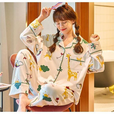 Kevadine naiste armas pidžaamakomplekt Multikas, pehme puuvillane puhkeriided, alla keeratav krae, pikkade varrukatega püksid magamisriided, tüdrukud, armas koduülikond