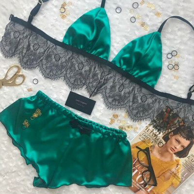 Dámske pyžamá, sexy čipkovaná podprsenka, hodvábny satén, spodná bielizeň, crop top, podprsenka + šortky, súpravy s výstrihom do V a bez rukávov, bezšvové nočné prádlo 2 ks