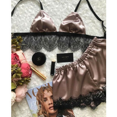 Dámske pyžamá, sexy čipkovaná podprsenka, hodvábny satén, spodná bielizeň, crop top, podprsenka + šortky, súpravy s výstrihom do V a bez rukávov, bezšvové nočné prádlo 2 ks